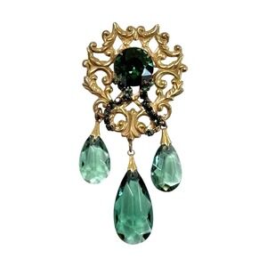Victorian Revival Brooch Gold Tone Filigree Emerald Green Glass Stones Dangles